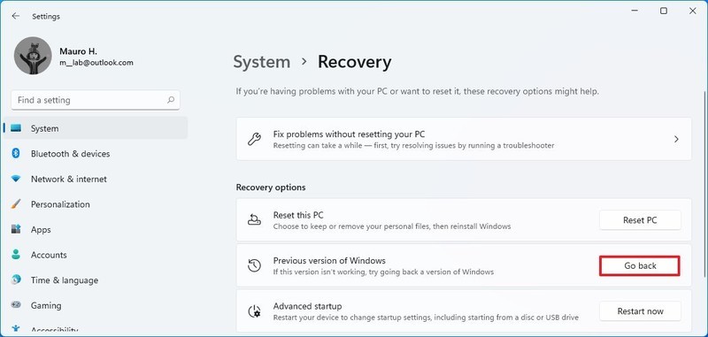 Opción de reversión de Windows 11 a Windows 10