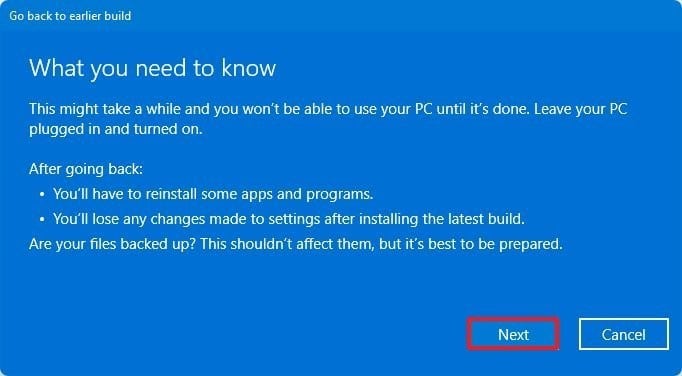 Advertencia de reversión de Windows