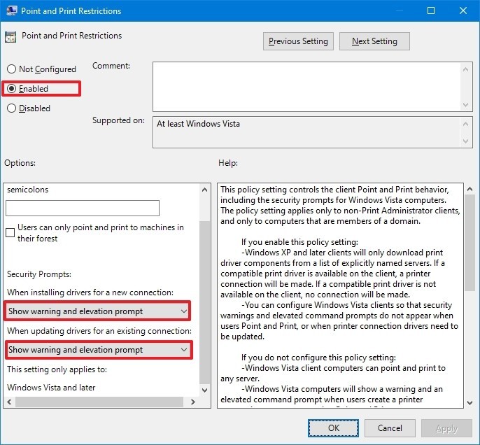 PrintNightmare Point and Print Restrictions configuración correcta