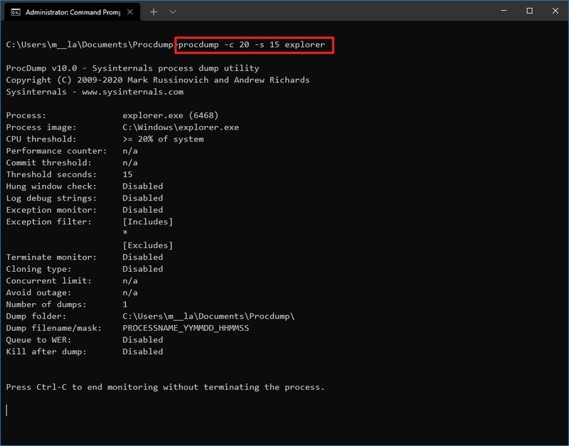 Archivo de volcado de ProcDump basado en el uso de la CPU
