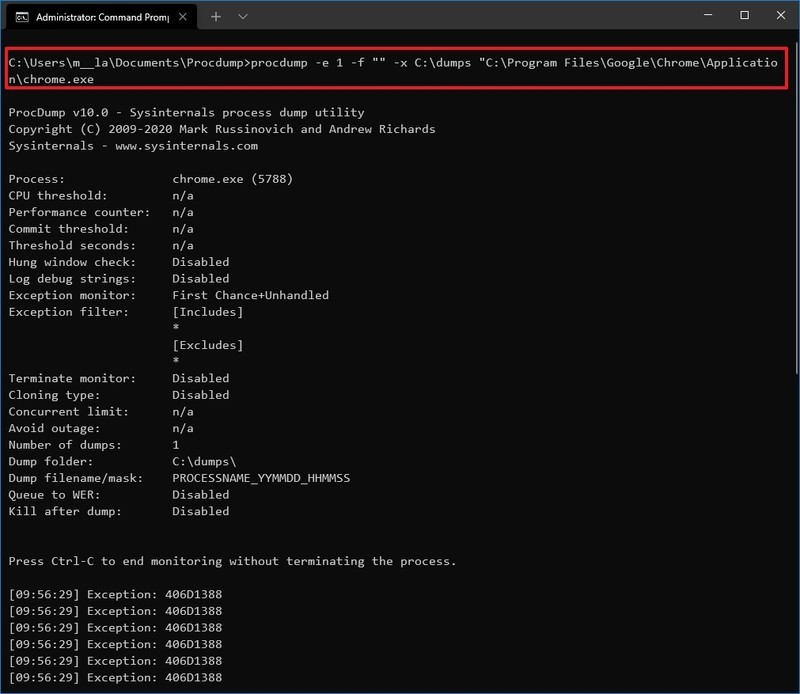Aplicación de lanzamiento ProcDump, monitorear, crear volcado