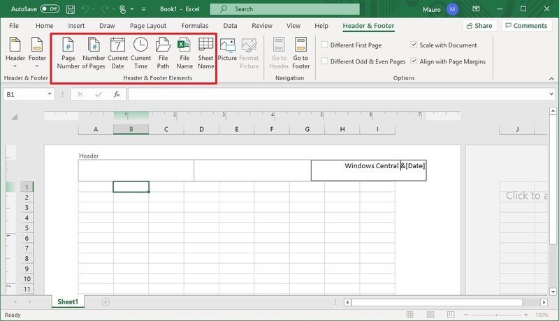 Elementos de encabezado y pie de página de Excel