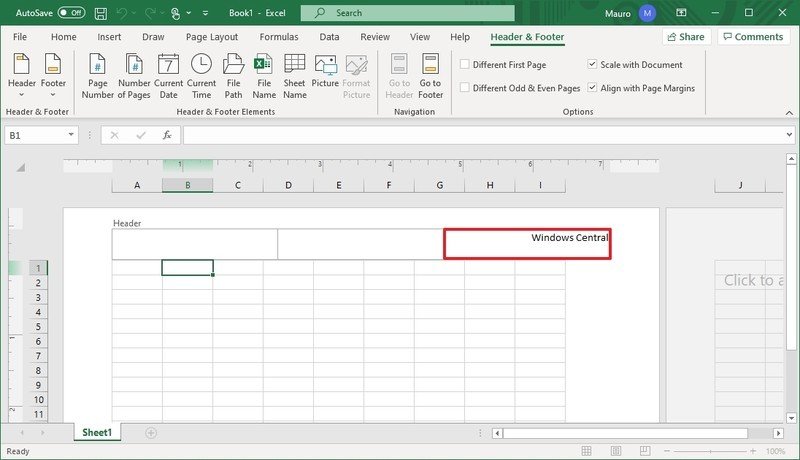 Encabezado de edición de Excel
