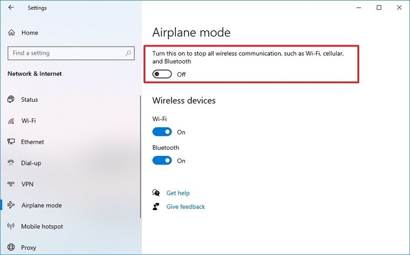 Windows 10 deshabilita el modo Avión a través de Configuración