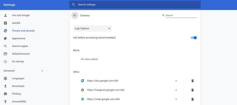 Configuración de la cámara de Chrome