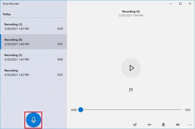 Botón de grabación de sonido en la aplicación Grabadora de voz