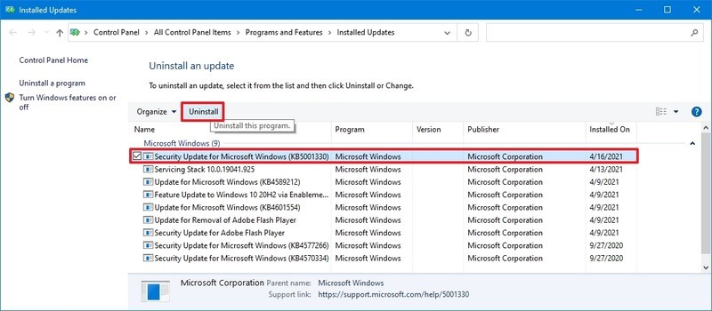 Actualización de desinstalación de Windows 10 Kb5001330