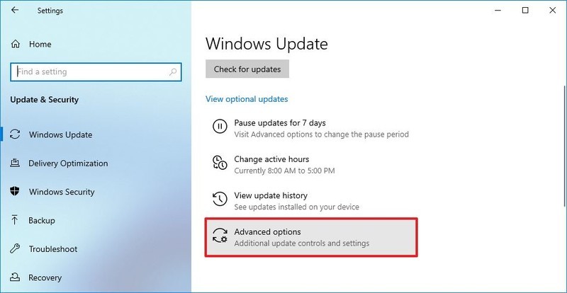 Opción avanzada de Windows Update