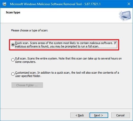 Opciones de escaneo MSRT en Windows 10