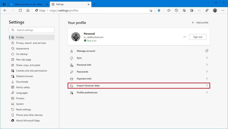 Opción de importación de datos de Microsoft Edge