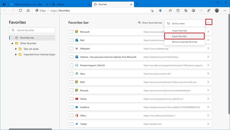 Microsoft Edge exportar favoritos a archivo