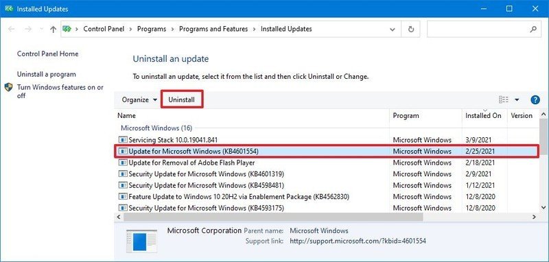 Cámara de reparación de actualización de desinstalación de Windows 10