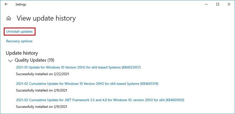 Opción de desinstalación de actualizaciones de Windows 10