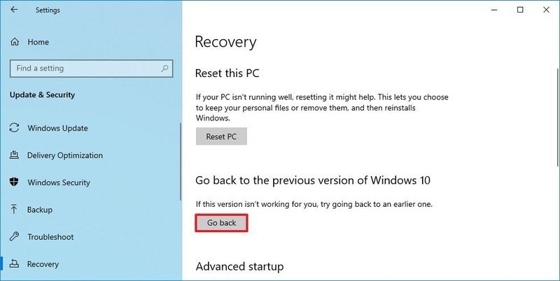 Opción de reversión de Windows 10