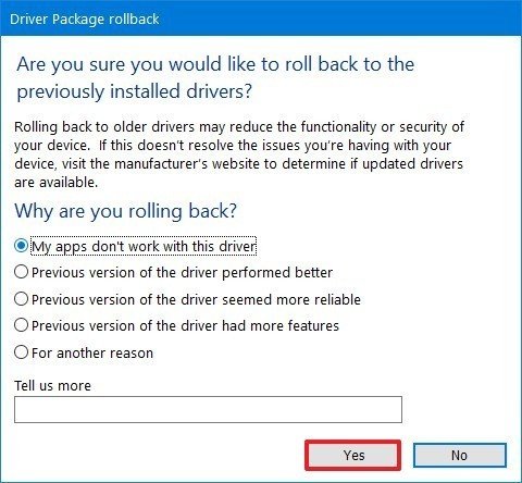 Seleccione el motivo para revertir el controlador en Windows 10