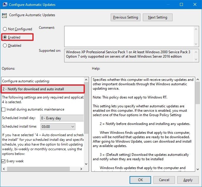 Configuración de la directiva de grupo de actualización automática de Windows Update