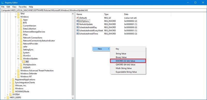 Clave de registro de Windows 10 AUOptions