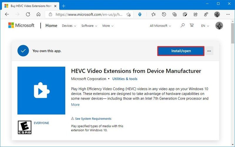 Descarga del códec HEVC de Windows 10