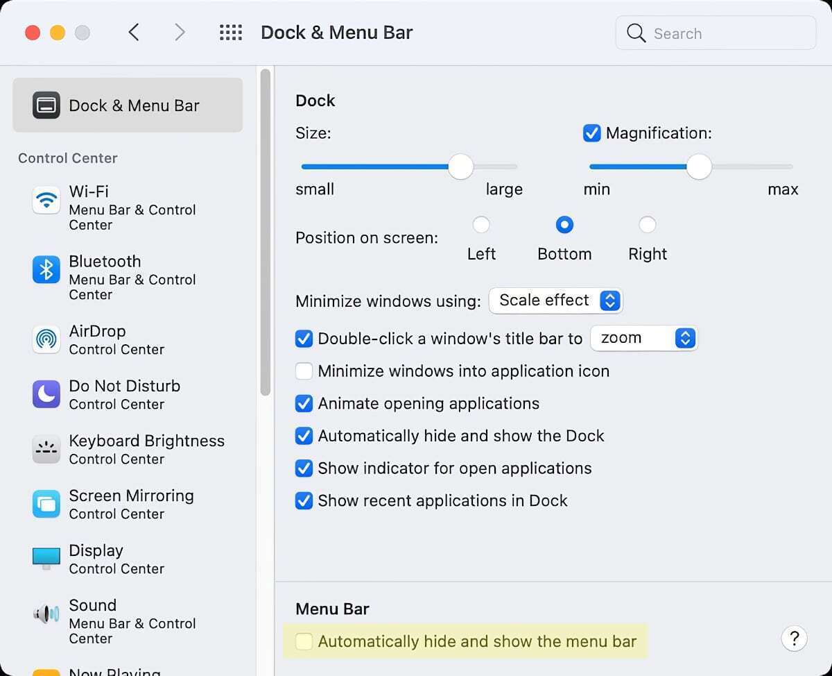 macos big sur auto configuración de la barra de menú