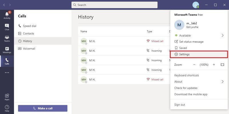 Opción de configuración de Microsoft Teams