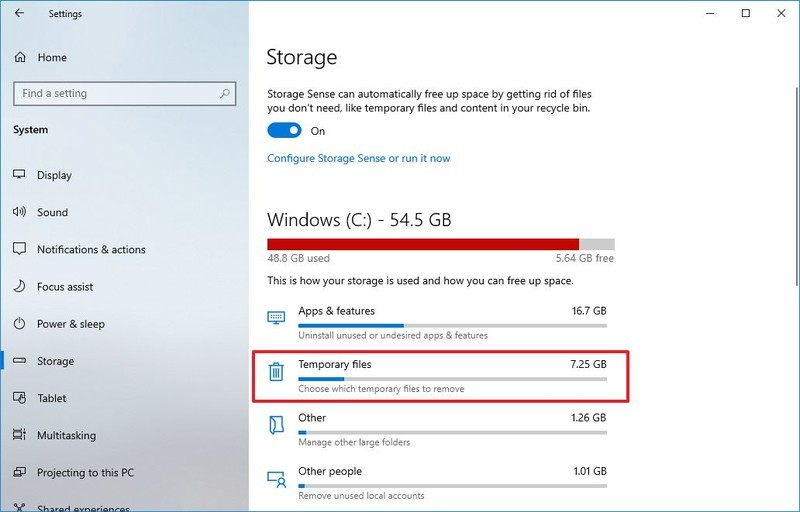 Opción de archivos temporales de Windows 10
