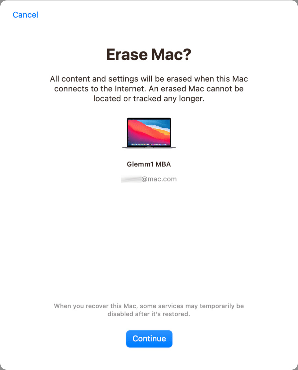 Un cuadro de diálogo que muestra un mensaje para borrar una Mac en la aplicación Buscar mi.