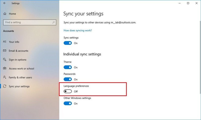 Opción de idioma de sincronización de Windows 10 deshabilitada