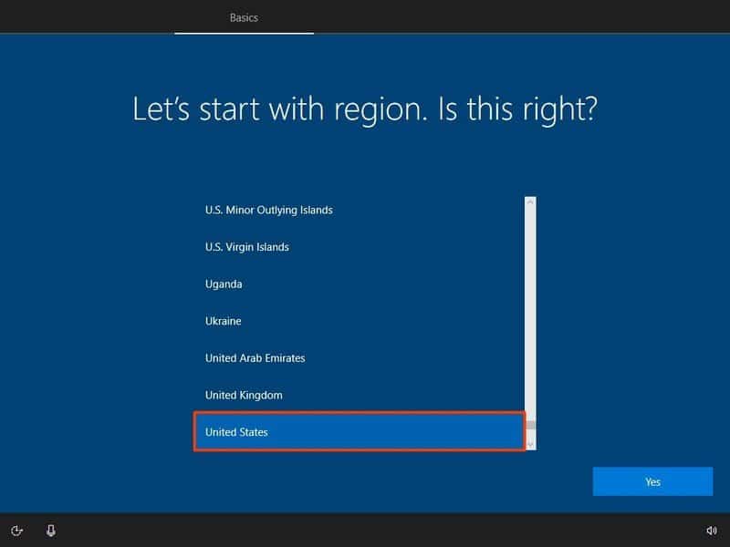 Seleccionar región de Windows 10 Pro OOBE