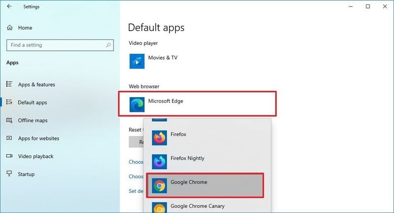 La configuración de Windows 10 selecciona el navegador predeterminado