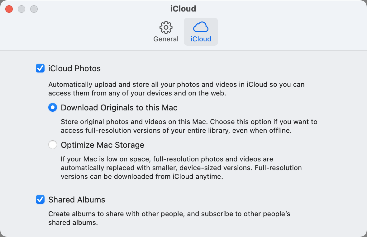 Preferencias de Fotos para macOS iCloud