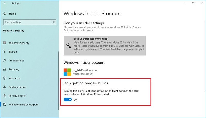 Opción de exclusión voluntaria del programa Windows Insider