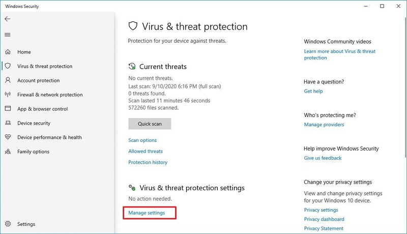 Configuración de administración de antivirus de seguridad de Windows