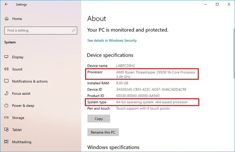 Información del procesador de configuración de Windows 10