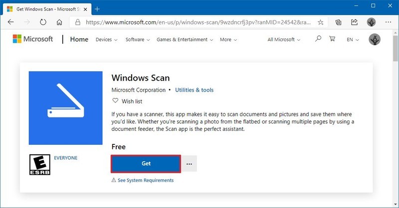 Descarga de la aplicación Windows Scan