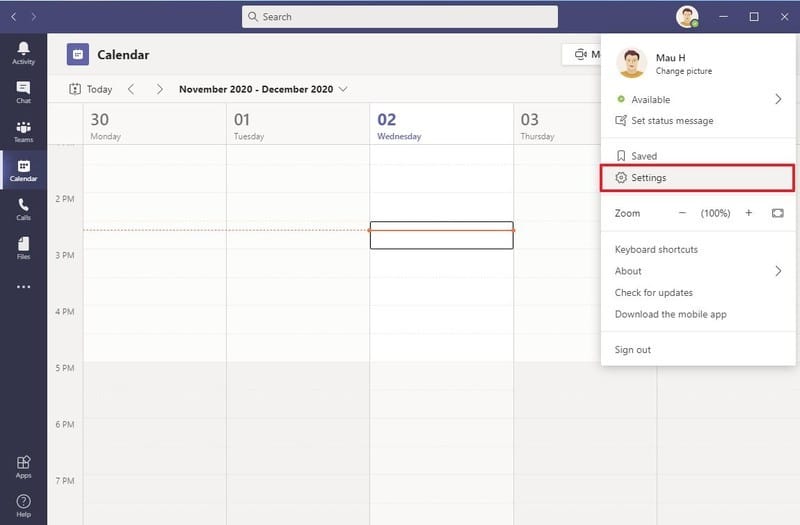 Opción de configuración de Microsoft Teams