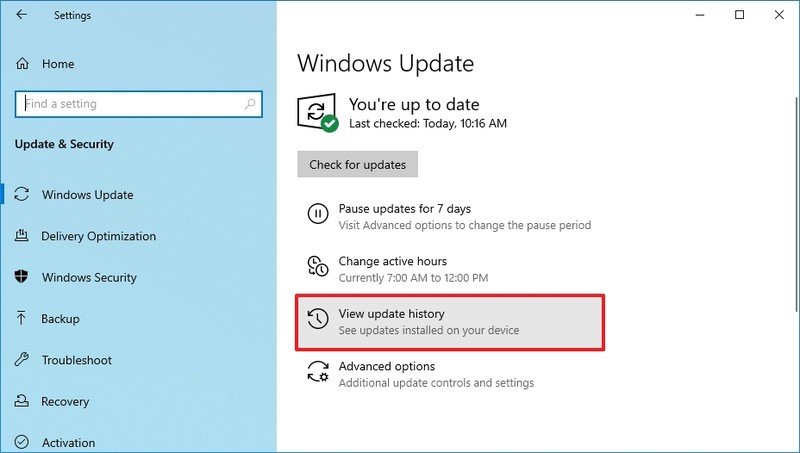 Opción de historial de actualizaciones de Windows