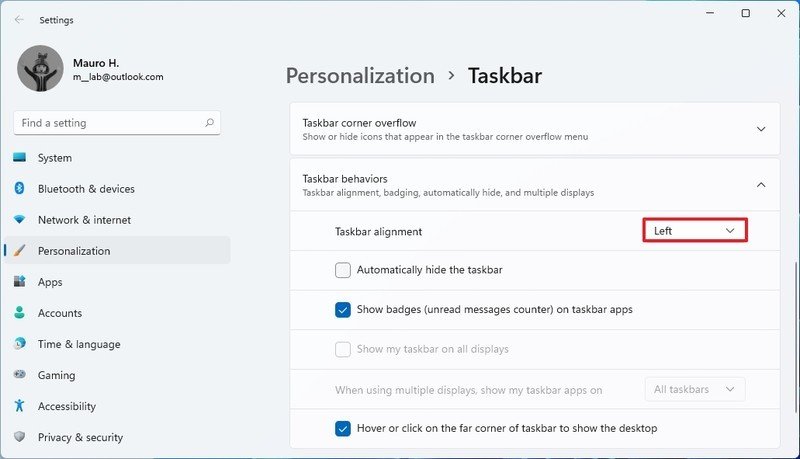 La configuración de la barra de tareas mueve el menú Inicio