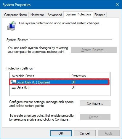 Configuración de protección de propiedades del sistema