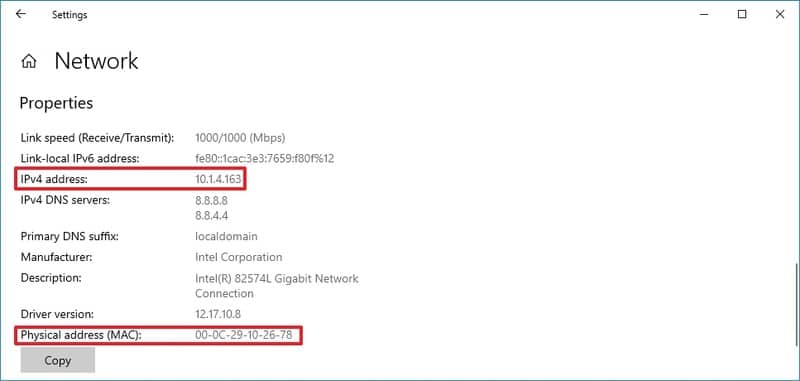 IP y MAC de la tarjeta de red de Windows 10