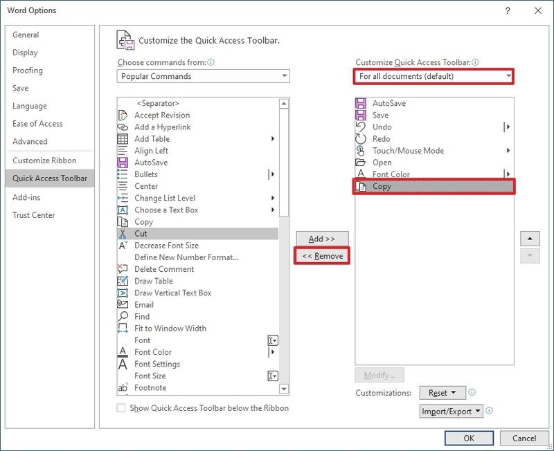 Barra de herramientas de acceso rápido eliminar la configuración de elementos