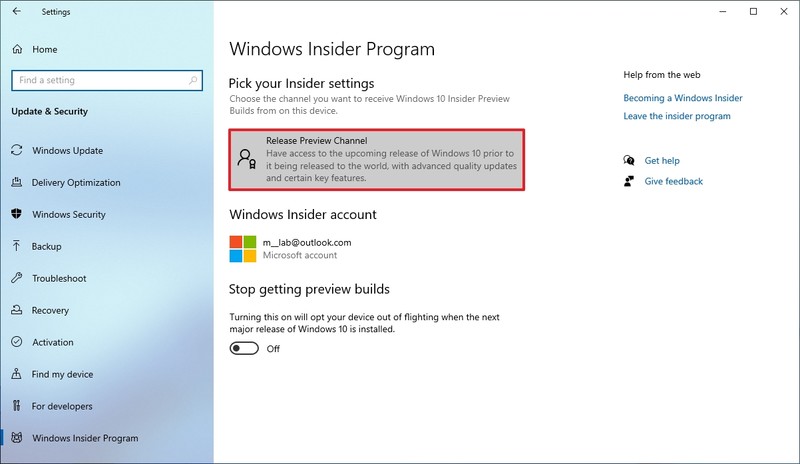 Configuración de cambio del programa Windows Insider