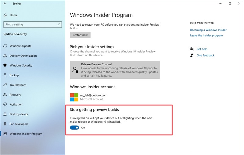 Deje de obtener compilaciones de vista previa en Windows 10