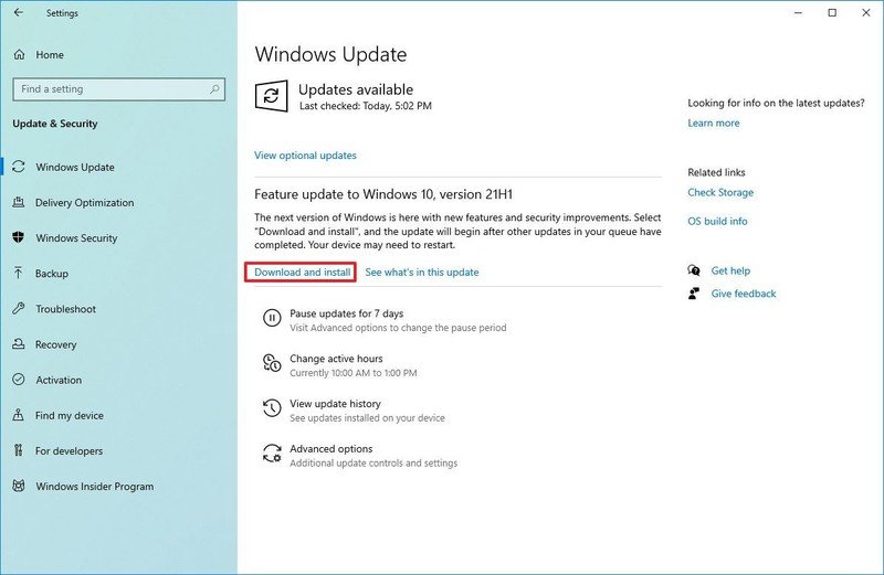 Instalación de Windows 10 versión 21H1