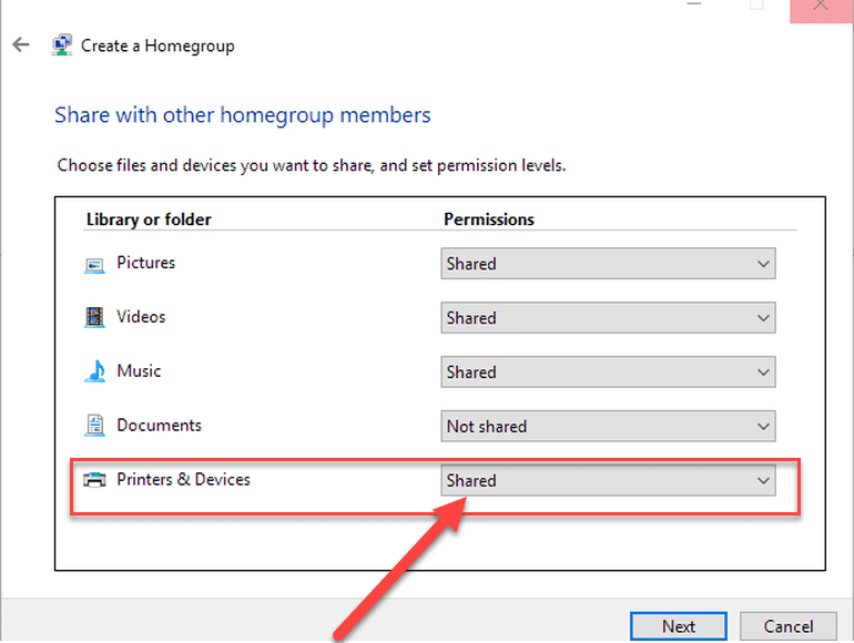 Configure la impresora y el dispositivo como compartidos, si no se comparte