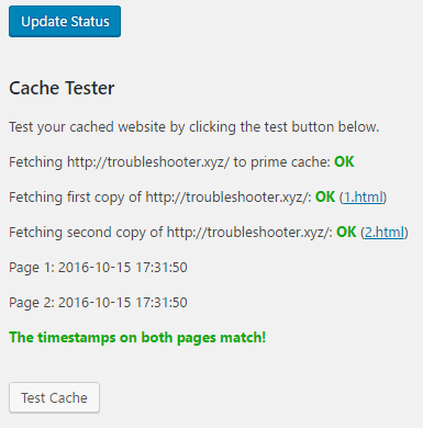 Test Cache resultados exitosos Complemento WP Super Cache