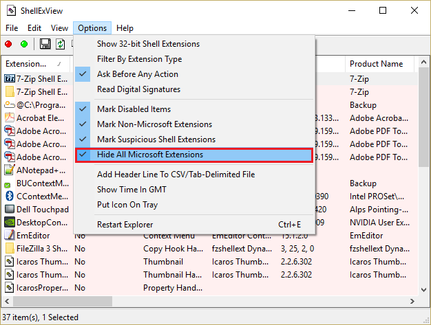 haga clic en Ocultar todas las extensiones de Microsoft en ShellExView