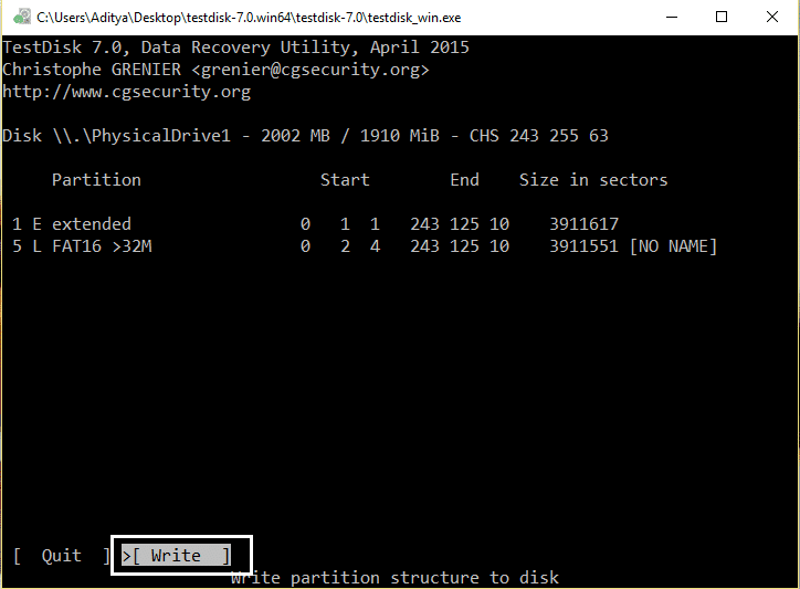 escribir los datos de partición encontrados en el MBR del disco duro