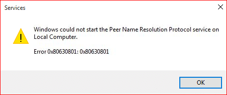 Windows no pudo iniciar el servicio de Protocolo de resolución de nombres de pares en la computadora local con el código de error 0x80630801