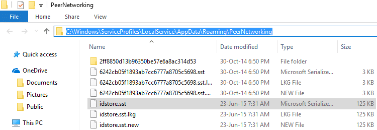 Navegue a la carpeta PeerNetworking para eliminar el archivo idstore.sst
