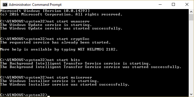 Inicie los servicios de actualización de Windows wuauserv cryptSvc bits mserver |  Arreglar el error DISM 14098 El almacén de componentes se ha dañado